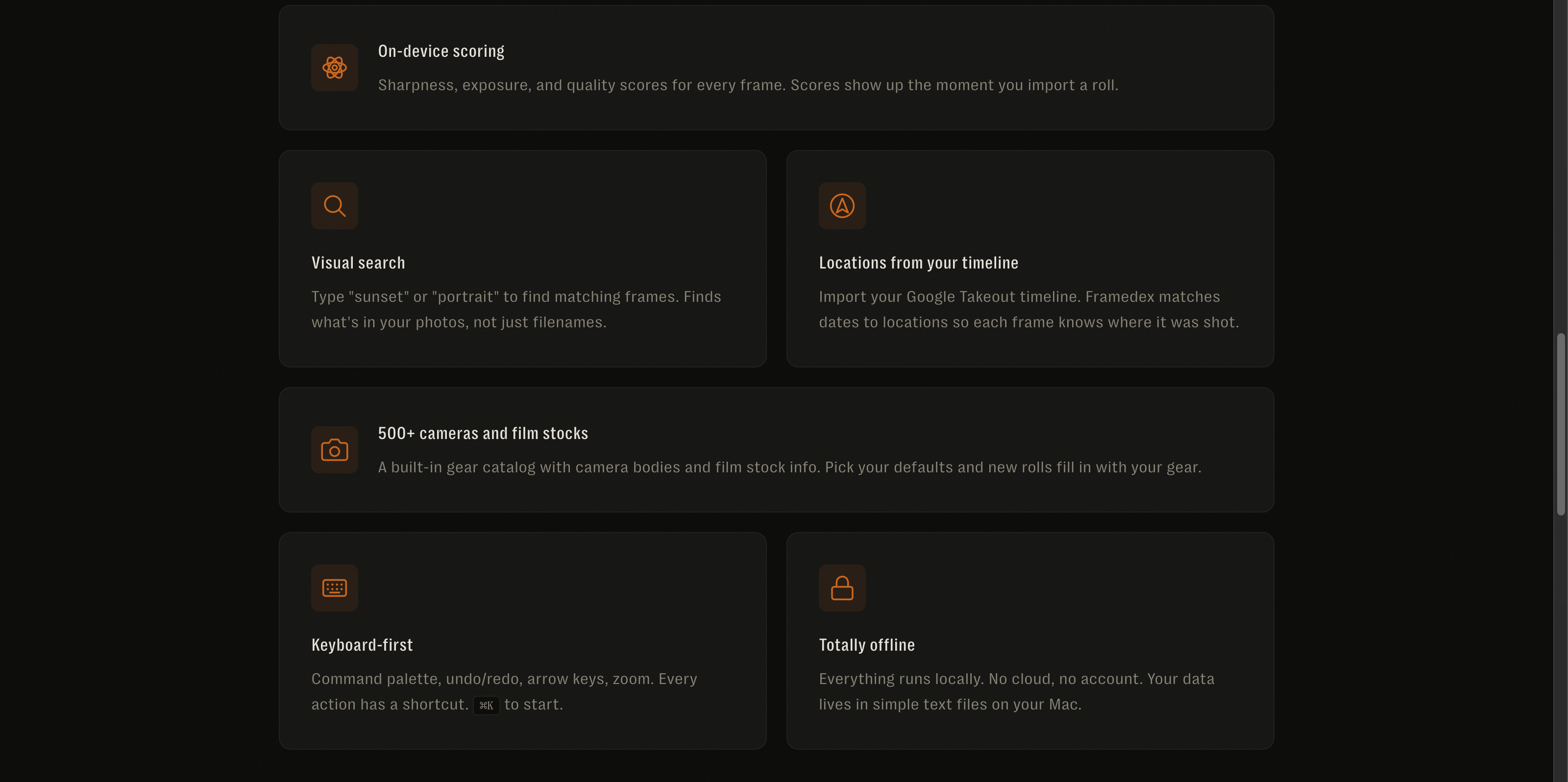 Framedex feature grid